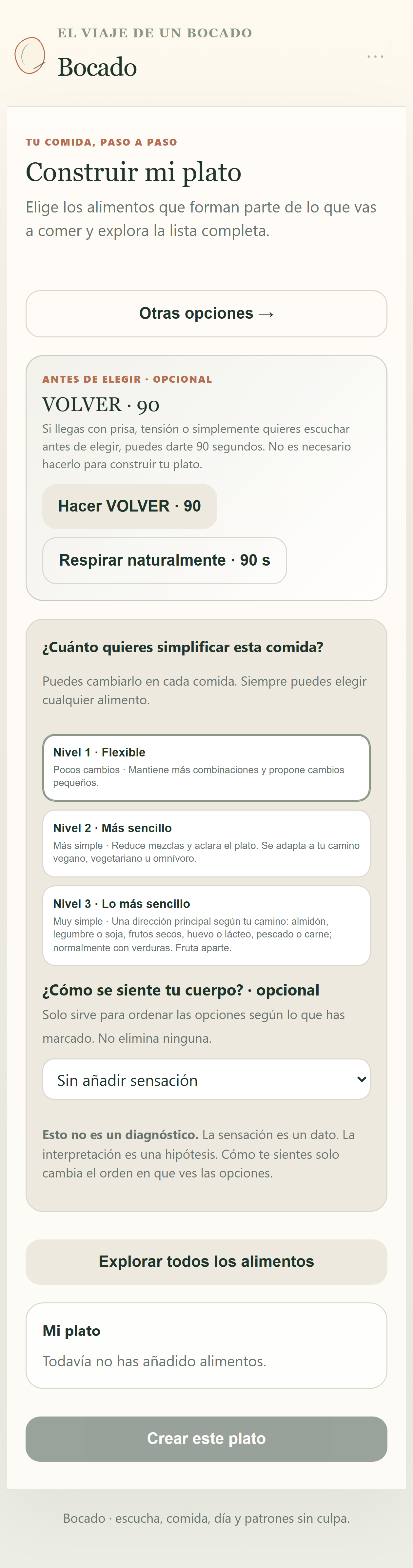Pantalla Construir mi plato de la aplicación El viaje de un bocado