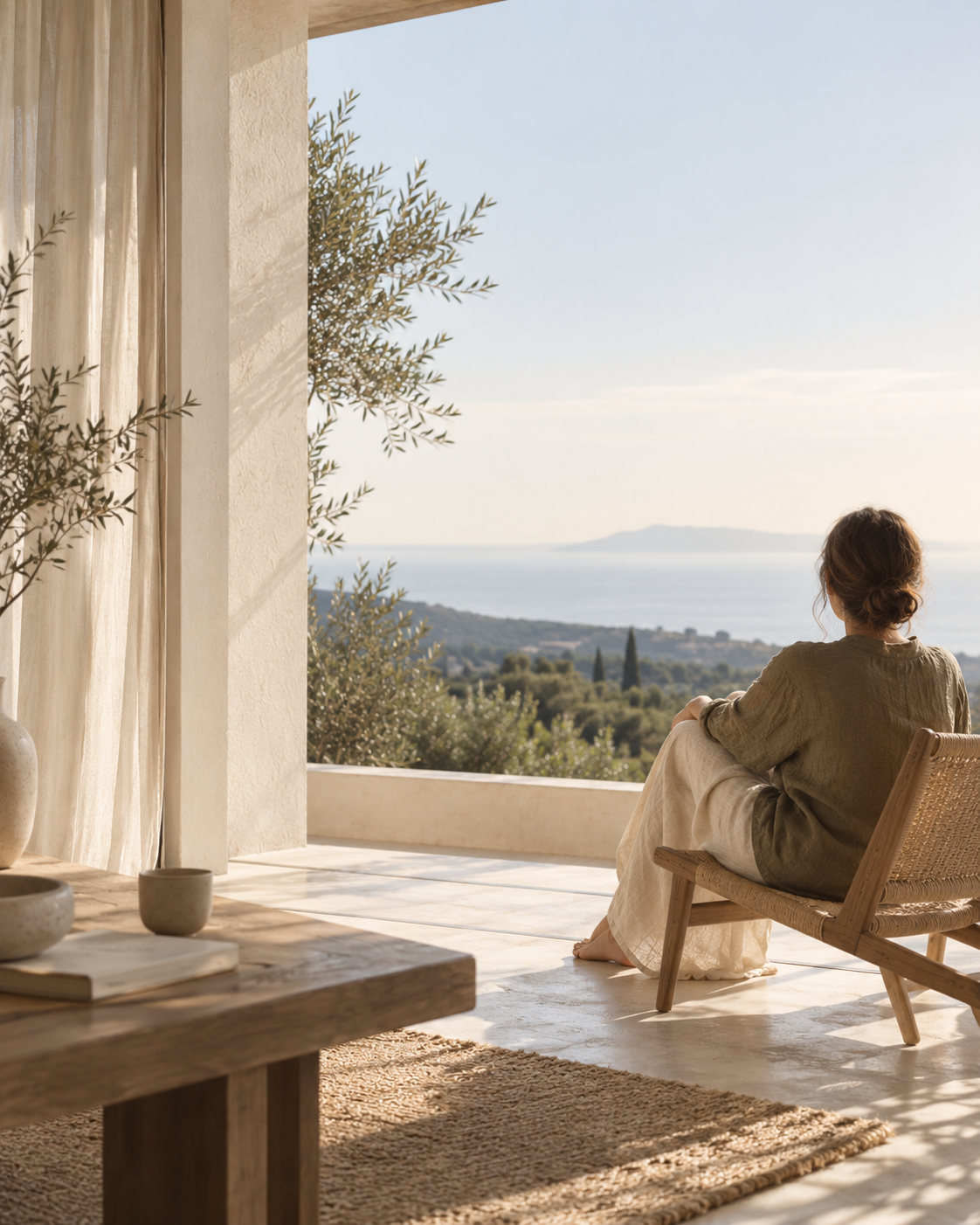 Mujer de espaldas contemplando el horizonte mediterráneo desde una estancia luminosa